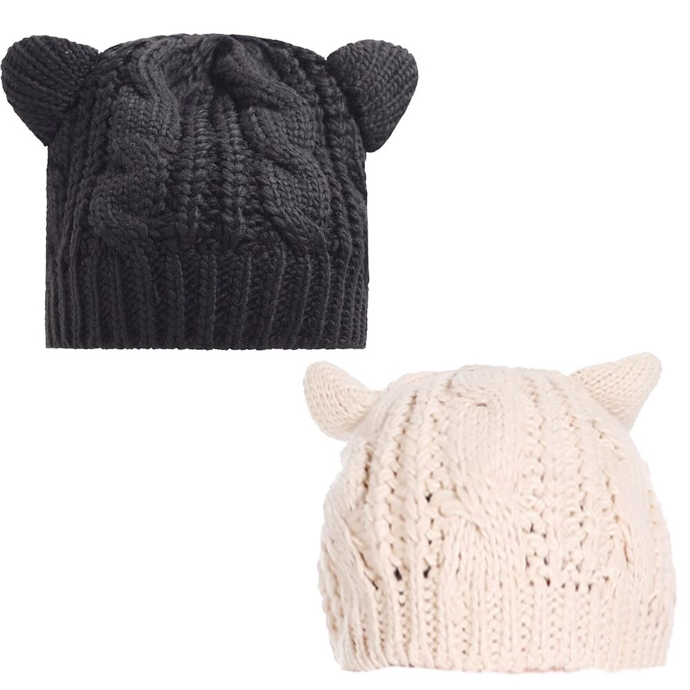 5491 2 Pack Knitted Cat Ear Crochet Caps, Cute Crochet Bear Ears Headwear